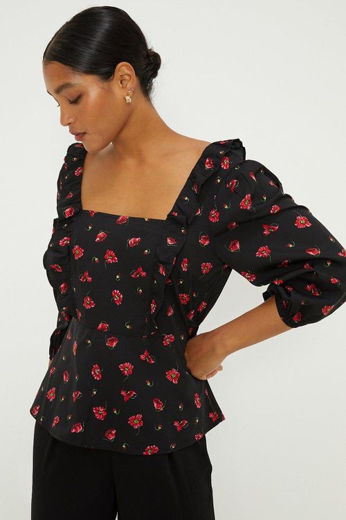 Womens Red Floral Ruffle...