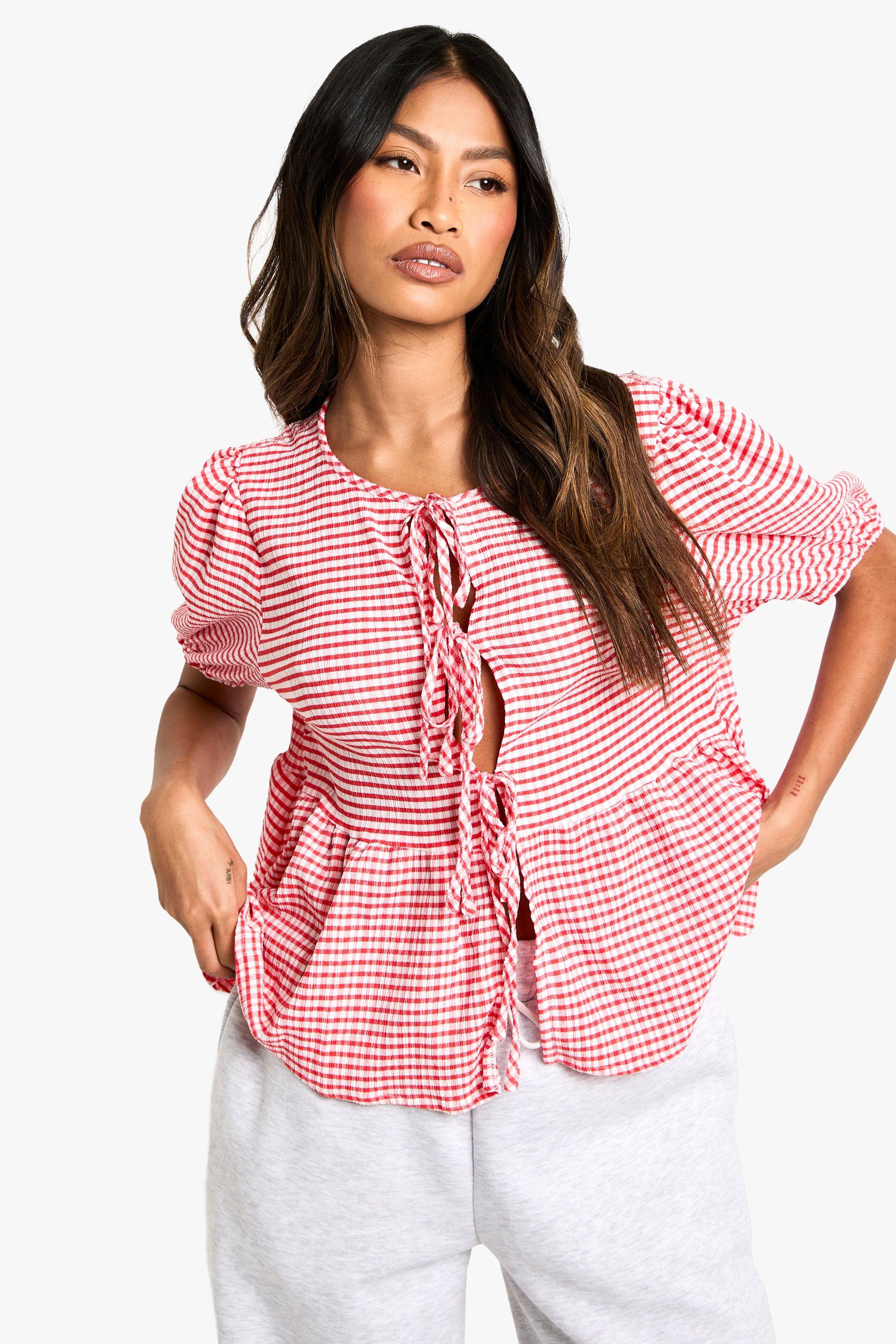 Womens Gingham Tie Front Puff Sleeve Smock Top - Red - 14