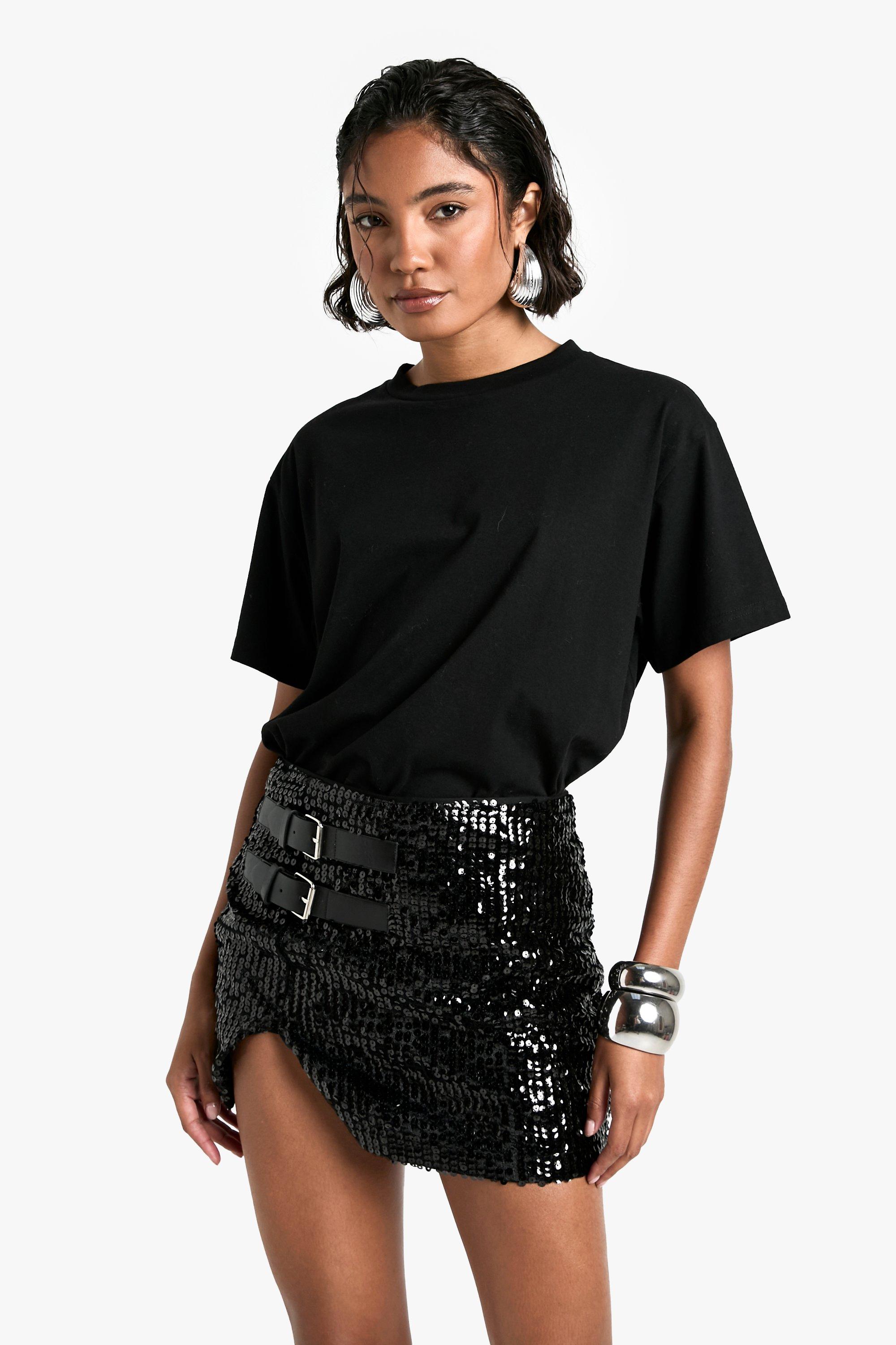 Womens Tall Buckle Detail Sequin Mini Skirt - Black - 18