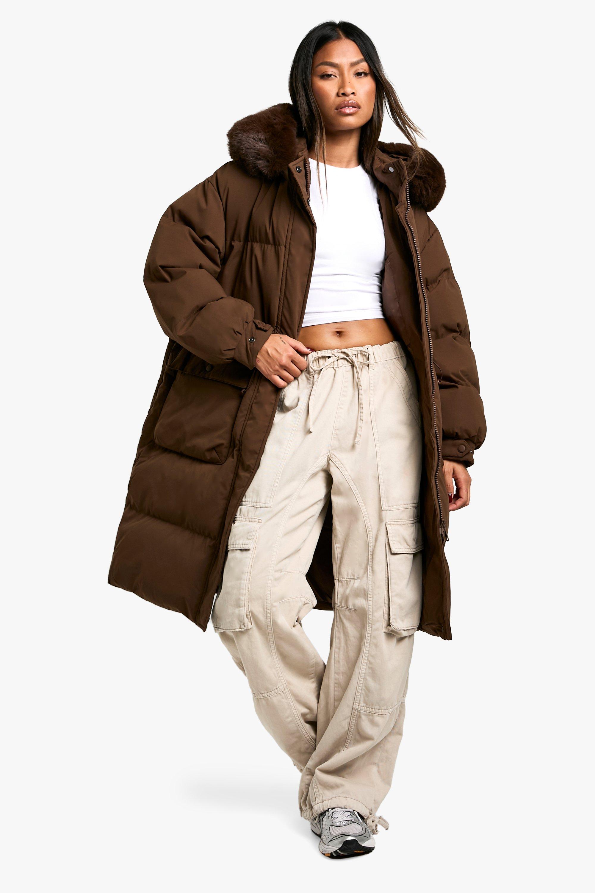 Womens Longline Faux Fur Hood Padded Parka - Brown - 16