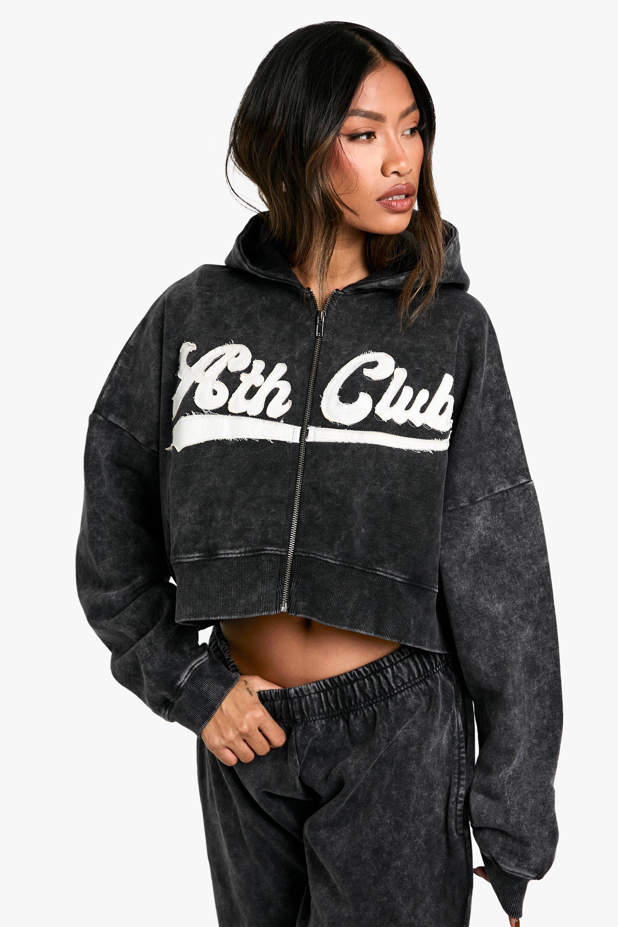 Womens Ath Club Acid Wash Boxy Crop Zip Through Hoodie