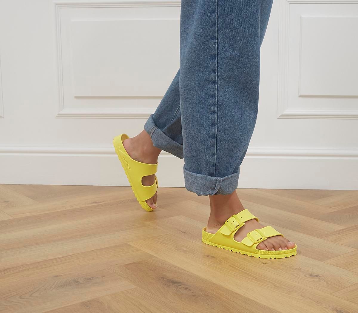 yellow two strap birkenstocks