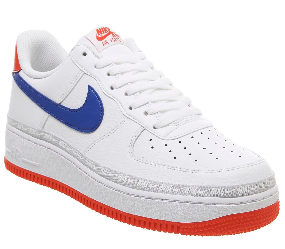 white air forces with red and blue