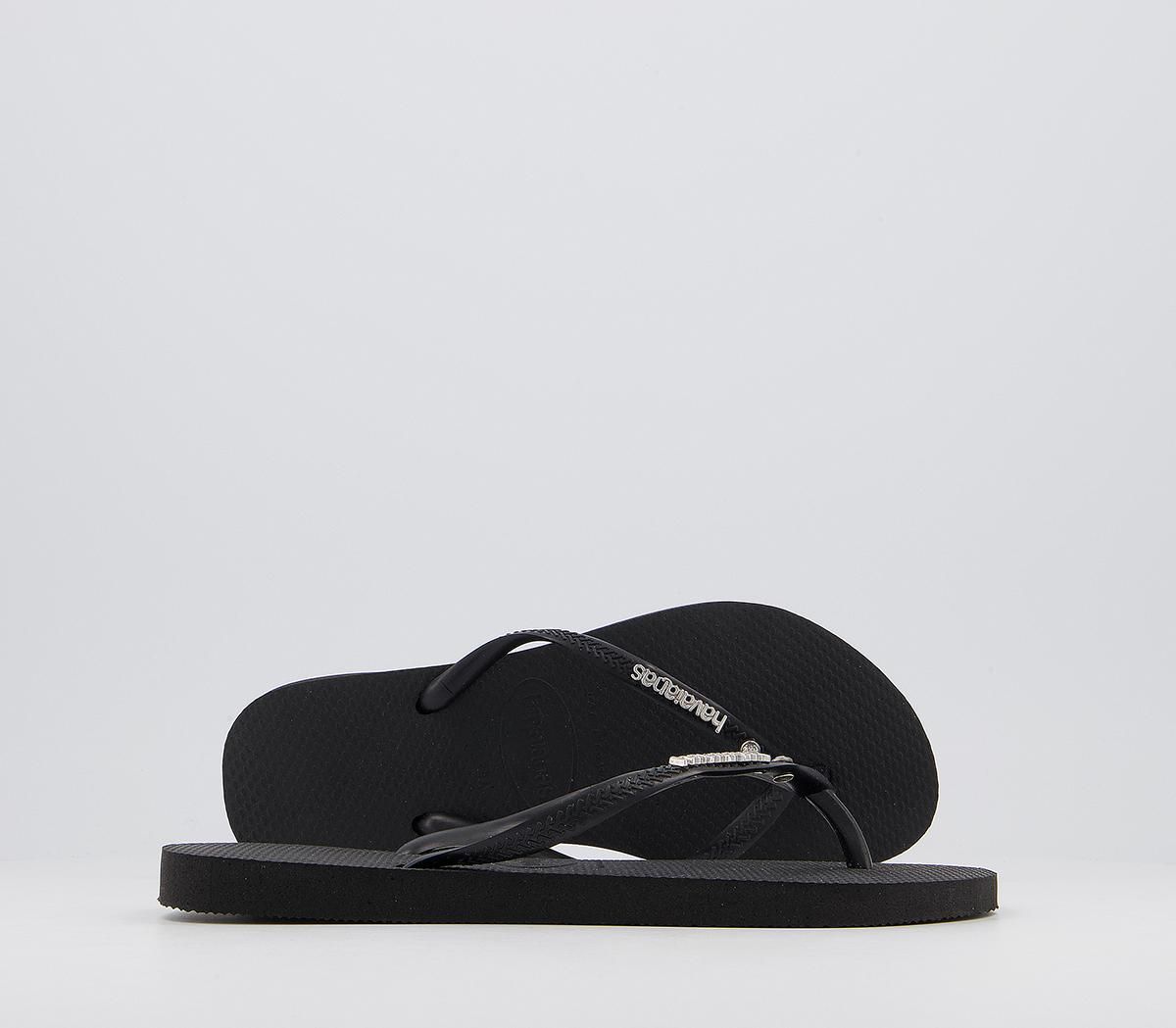 Havaianas Slim Metal Crystal Logo Flip Flops BLACK Compare One