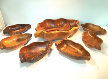 Wooden Leaf Shape Monkey Pod Wood Bowls, Set of 7