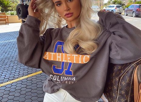 Get Molly-Mae Hague's Look: Pretty Little Thing Grey Athletic Logo Sweatshirt