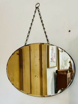 Antique Vintage Art Deco Oval Bevelled Frameless Chain Mirror 45cm By 30cm