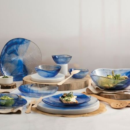 Pasabahce Linden Batik Blue Tempered Glass Dining Plates Dinner Set Tableware