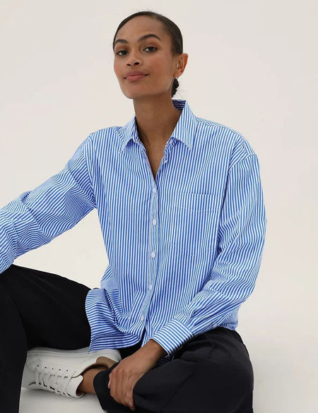 M&S Womens Pure Cotton Striped Oversized Girlfriend Style Shirt - 8 - Blue Mix, Blue Mix