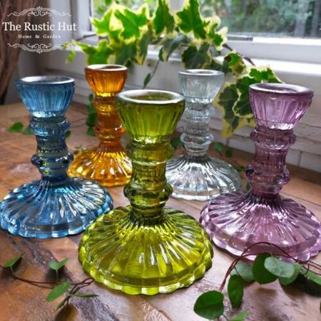 Glass Candle Holder 10cm Blue Green Amber Pink Recycled Glass Candlestick