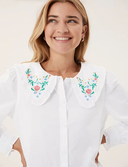 M&S Womens Pure Cotton Embroidered Long Sleeve Blouse - 16 - Soft White, Soft White