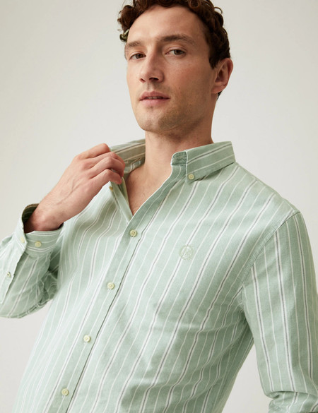 M&S Mens Pure Cotton Striped Oxford Shirt - LREG - Green Mix, Green Mix
