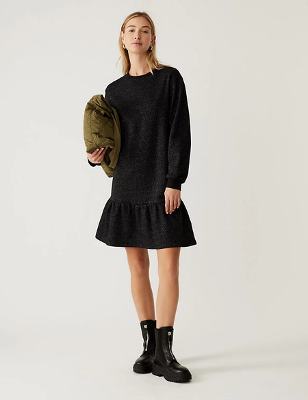 M&S Womens Cotton Rich Sparkly Round Neck Jumper Dress - 12REG - Black, Black