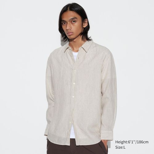 Uniqlo - 100% Linen Striped Regular Fit Shirt - Beige - L