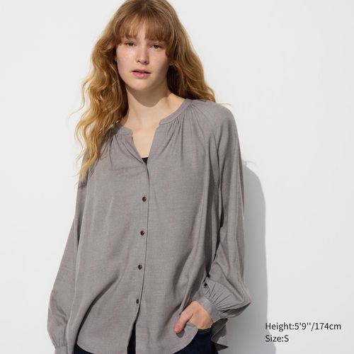 Uniqlo - Soft Flannel Gathered Blouse - Gray - XXL