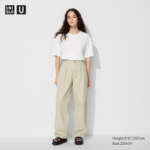 Uniqlo - Cotton Pleated Trousers - Beige - 34inch