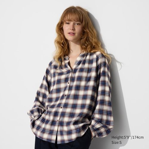 Uniqlo - Soft Flannel Gathered Blouse - Blue - XXL