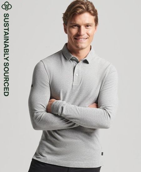 Superdry Men's Studios Organic Cotton Long Sleeve Polo Shirt Dark Grey / Mid Grey Marl - Size: Xxl