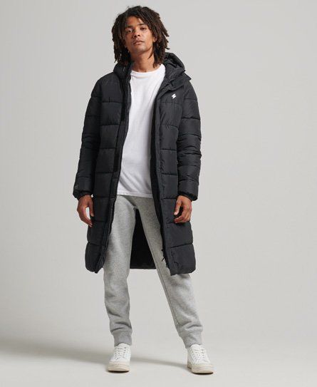 Mens Black Logo Hooded Longline Coat 