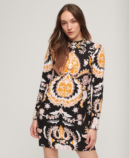 Superdry Women's Long Sleeve Printed Mini Dress Black / Nico Paisley Black - Size: 14