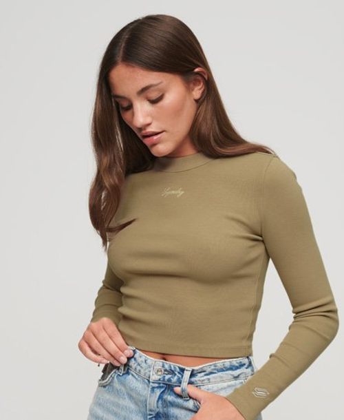 Superdry Women's Ribbed Long Sleeve Embroidered Crop Top Beige / Winter Twig Beige - Size: 8