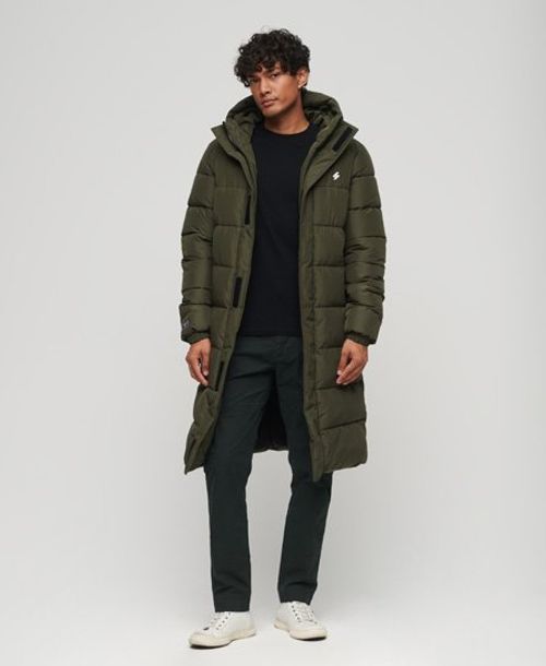 Superdry Men's Hooded Longline Sports Puffer Jacket Green / Dark Moss Green - Size: L