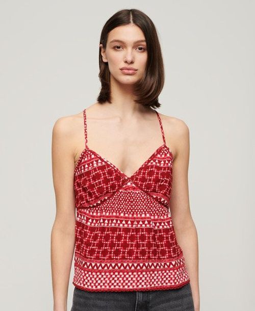 Women's Vintage Embellished Cami Top in Paisley Red Aop