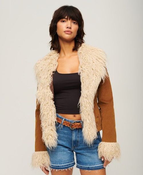 Women's Faux Fur Lined Longline Afghan Coat in Denim Co Tobacco