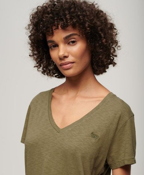 Superdry Women's Slub Embroidered V-Neck T-Shirt Green / Tornado Green - Size: 8