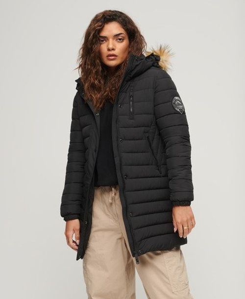 Superdry Women's Quilted Fuji Hooded Mid Length Puffer Coat, Black, Size: 8