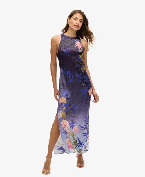 Superdry Women's Printed Satin Maxi Dress Blue / Deep Floral Japanese Shadow - Size: 10