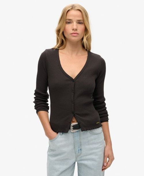 Superdry Women's Essential Button Through Long Sleeve Top Black / Bison Black - Size: 10-12