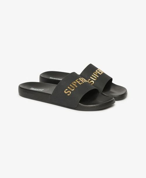 Superdry Men's Vegan Logo Pool Sliders Black / Black/Metallic Gold - Size: 8-9