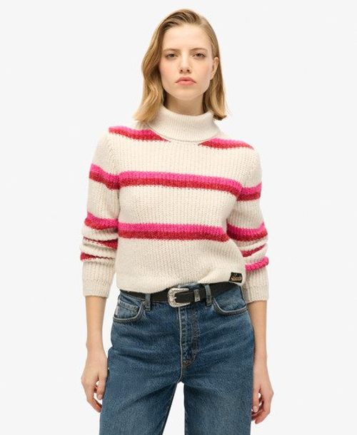 Superdry Women's Stripe Cropped Roll Neck Jumper White / Pink Yarrow Stripe - Size: 12