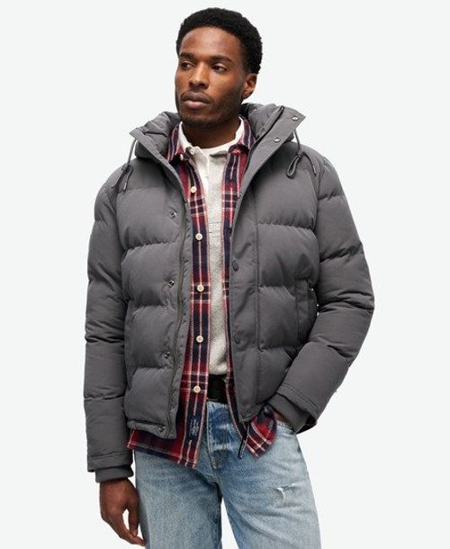 Superdry Men's Mens Fully Lined Brand Embroidered Everest Hooded Puffer Jacket, Dark Grey, Size: L
