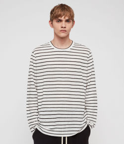 AllSaints Men's Stripe Lightweight Linen Ludo Long Sleeve Crew T-shirt, White and Black, Size: L