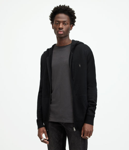 AllSaints Men's Merino Wool Lightweight Mode Zip Hoodie, Black, Size: L