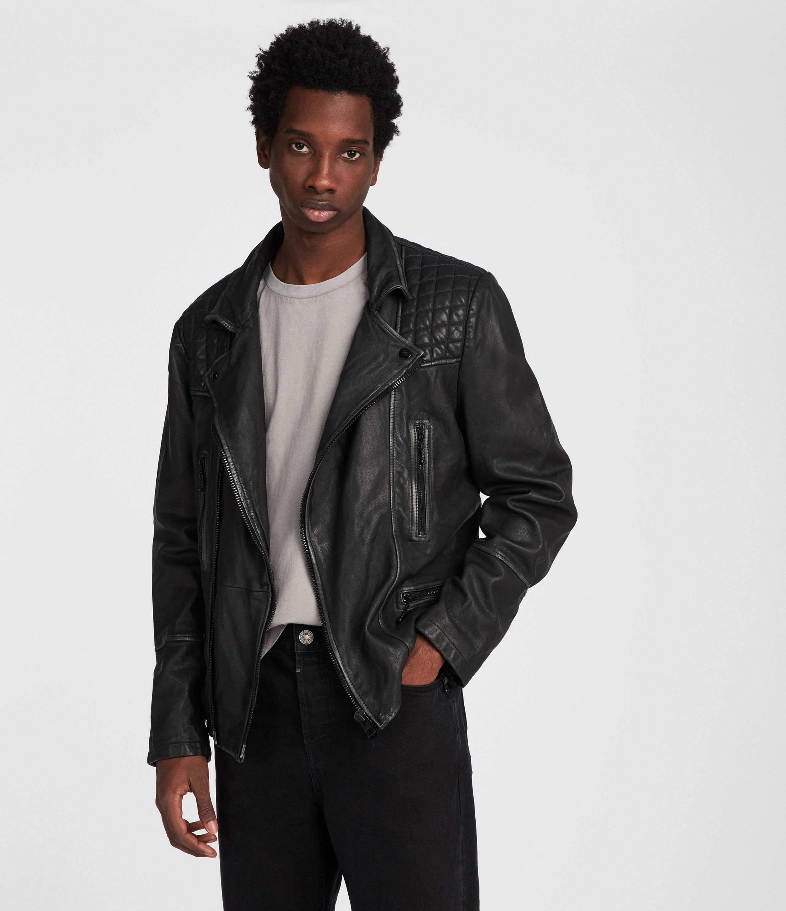 AllSaints Men's Cargo Leather Biker Jacket, Black and Grey, Size