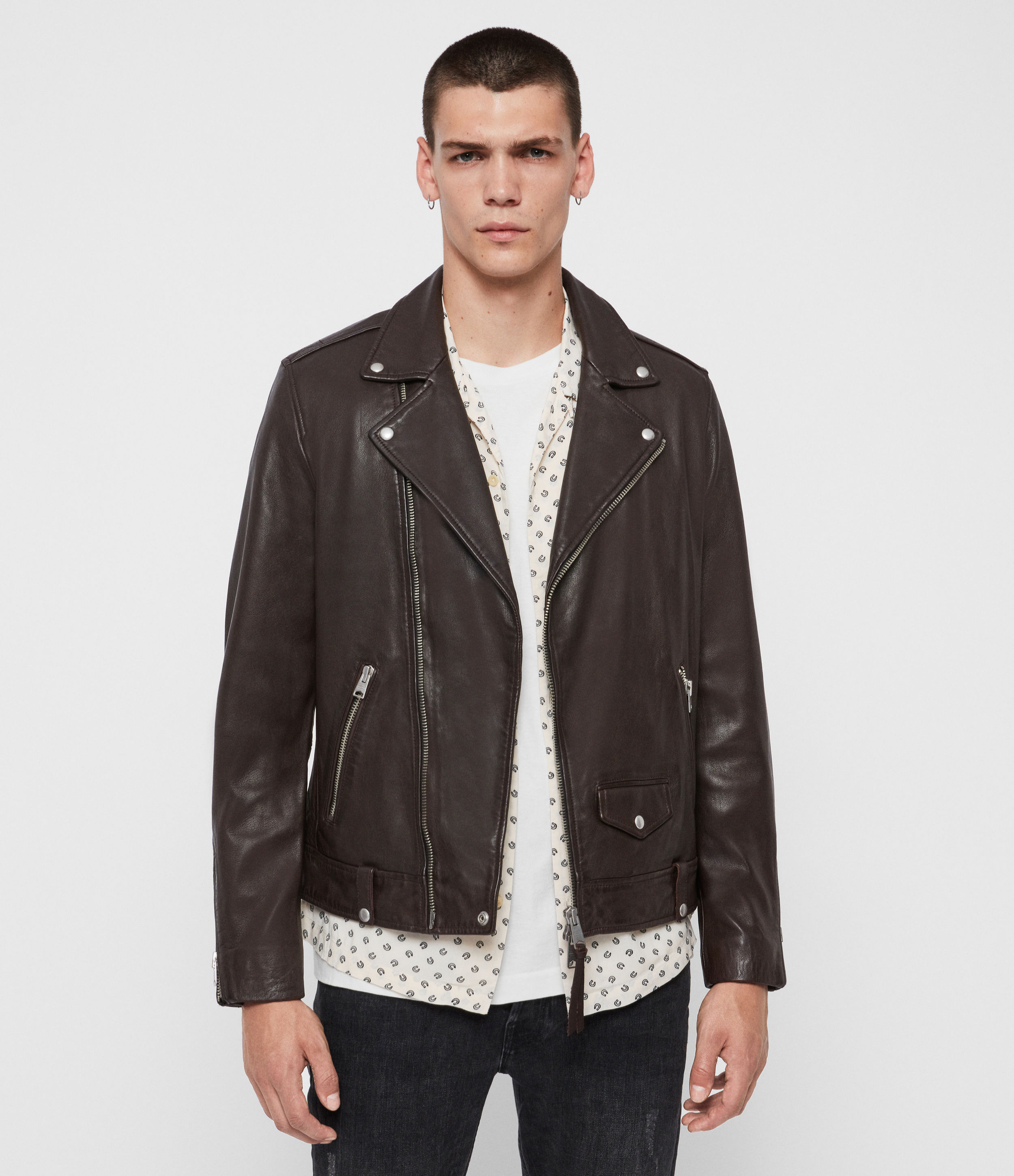 AllSaints Men's Milo Leather Biker Jacket, Dark Red, Size: L