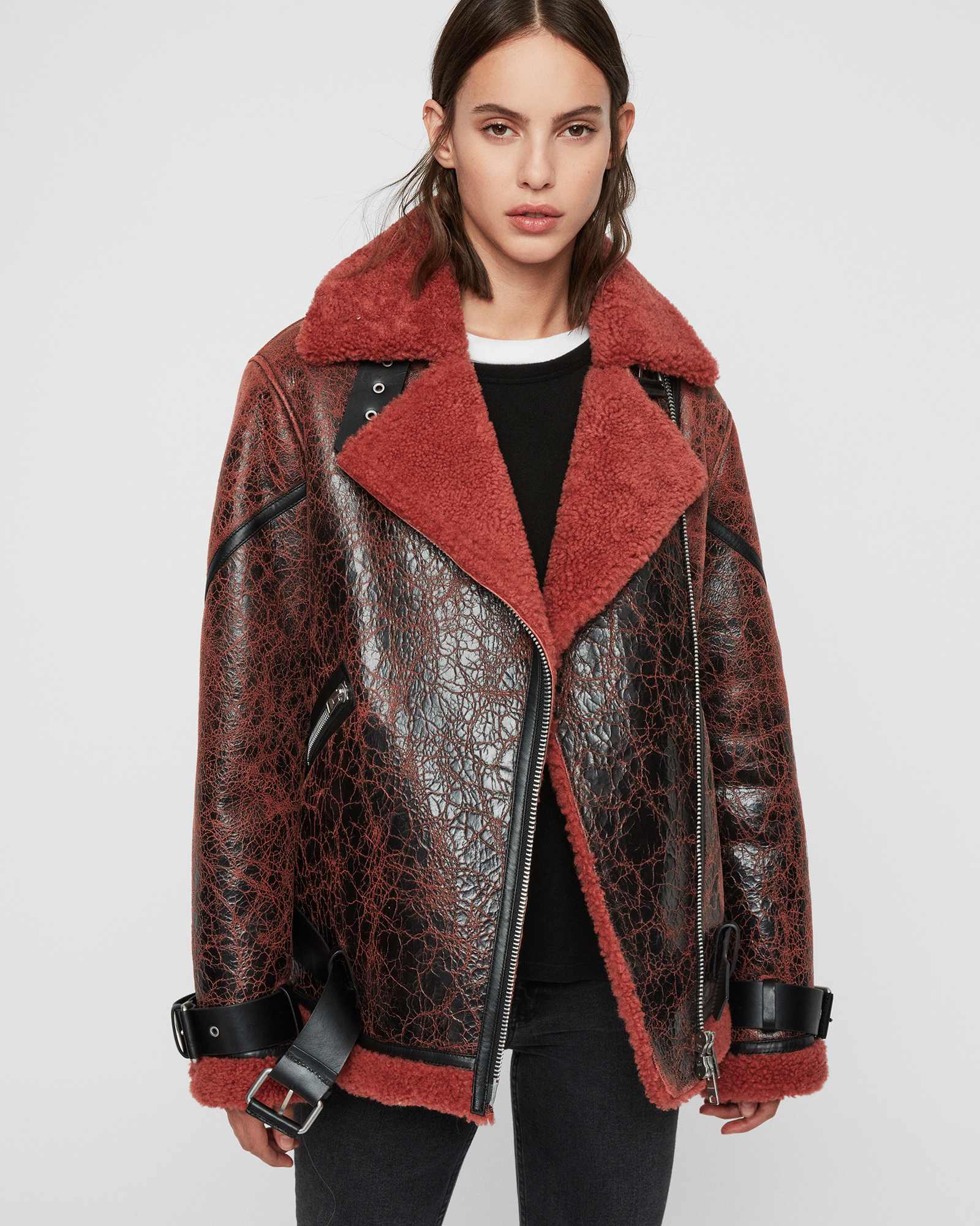 AllSaints Women s Sheepskin Hawley Shearling Biker Jacket Pink