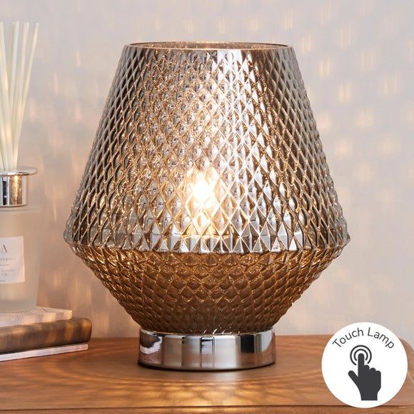 Miah Smoked Glass Touch Dimmable Table Lamp Silver Compare