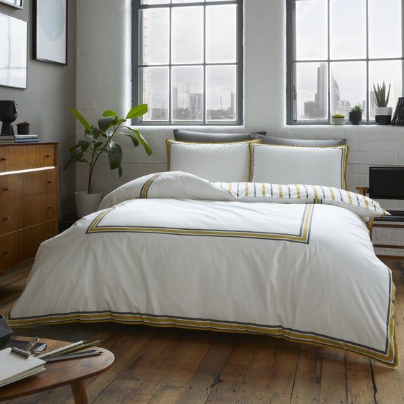 Cole Stripe Ochre Duvet Cover and Erin Teal & Ochre Reversible Duvet