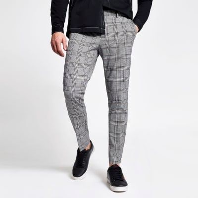 Blue Skinny Fit Checked Suit Trousers