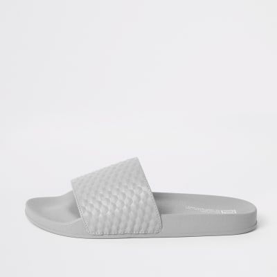 Mens River Island Grey geo textured sliders Compare Trinity Leeds