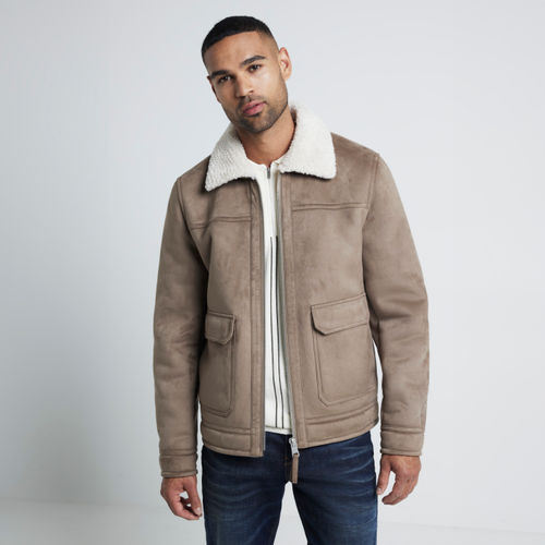 Mens River Island Beige Regular Fit Faux Fur Shearling Jacket