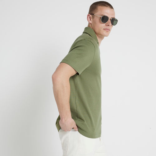 Mens River Island Green Regular Fit Textured Open Neck Polo