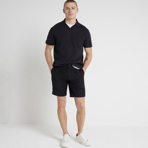 Mens River Island Black Regular Fit Textured Open Neck Polo