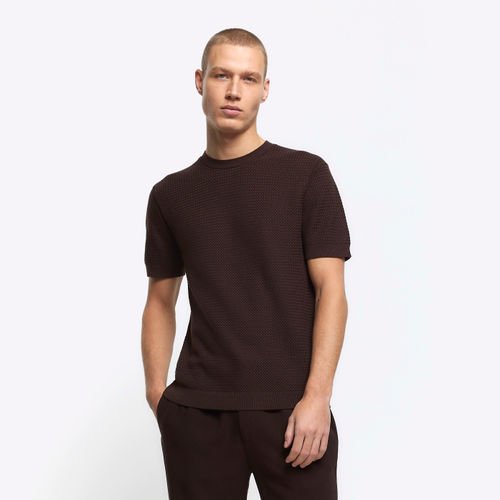 Mens River Island Brown Slim Fit Textured Knitted T-Shirt