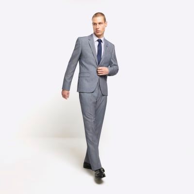 Blue Skinny Fit Checked Suit Trousers