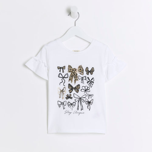 River Island Mini Girls White Leopard Print Bow T-Shirt